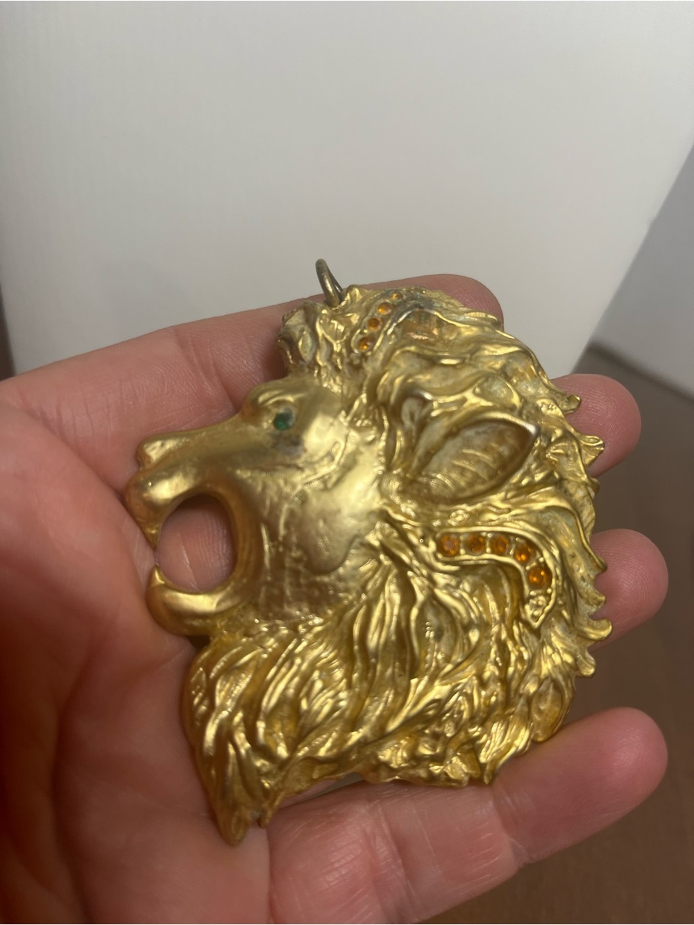 Gold Lion Head Pendant with Amber Accents